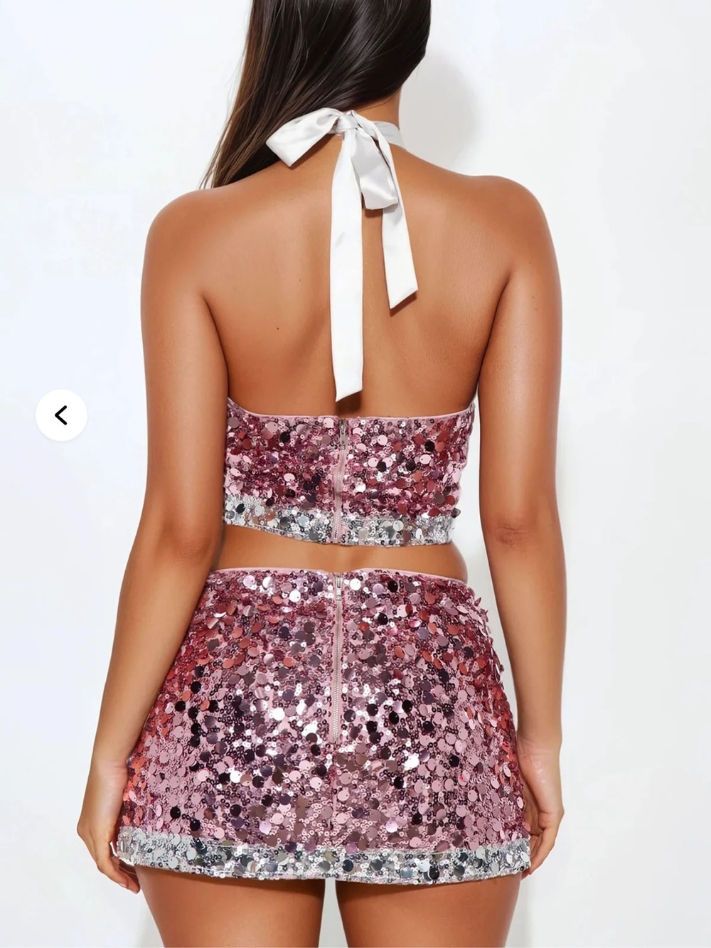 Fashion Nova Pink Sequin Halter Mini with Silver Trim - Picture 2 of 2